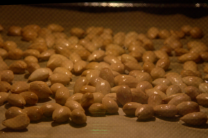 Almonds bathing in the oven